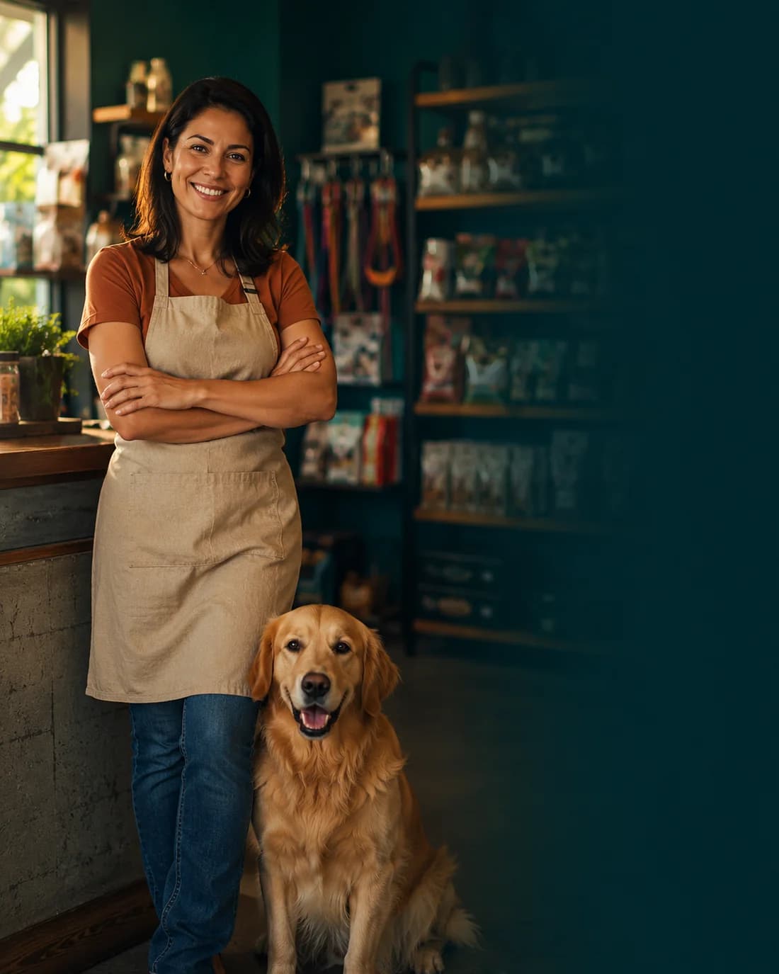 Dona de pet shop sorrindo na sua loja, com um golden retriever ao lado