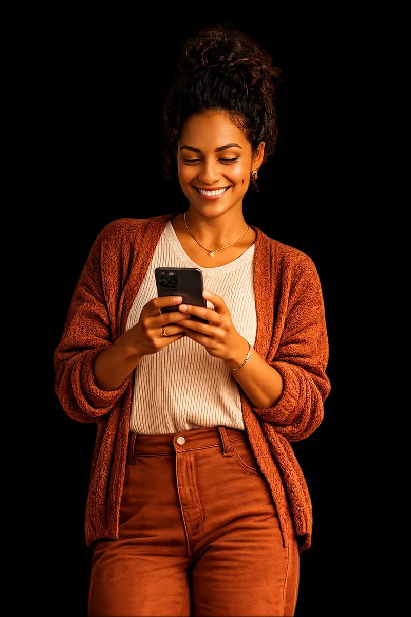 Cliente sorrindo enquanto conversa com o pet shop pelo WhatsApp